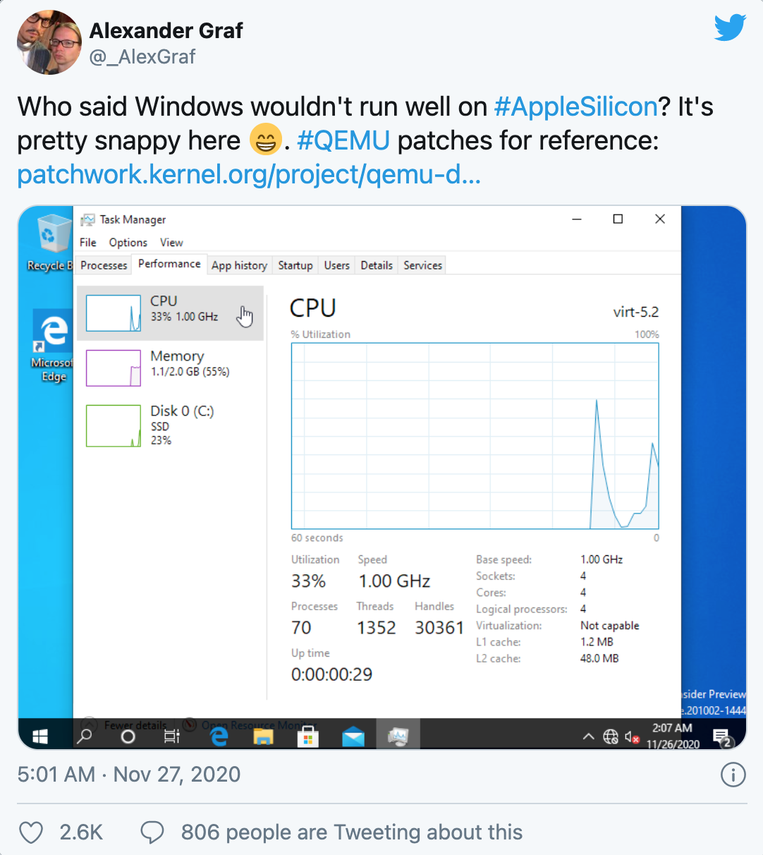 Ảo hoá Windows 10 trên Mac chạy chip M1, hiệu năng vượt Surface Pro X 