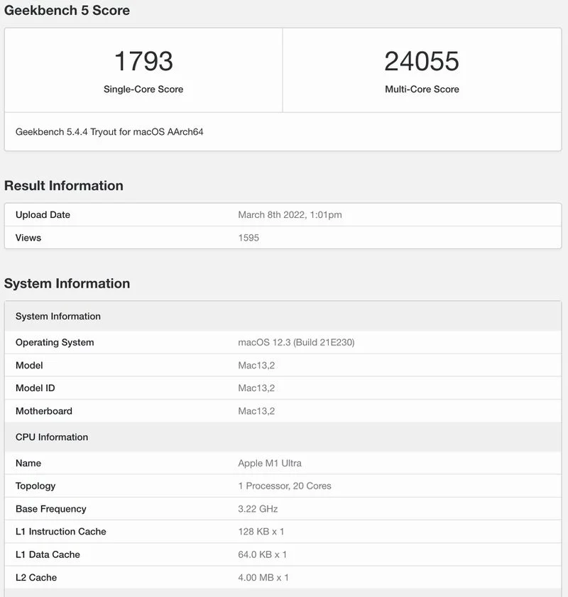 điểm số benchmark M1 Ultra