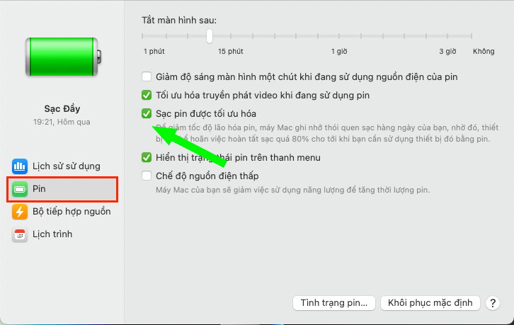 tắt tối ưu hoá sạc pin MacBook