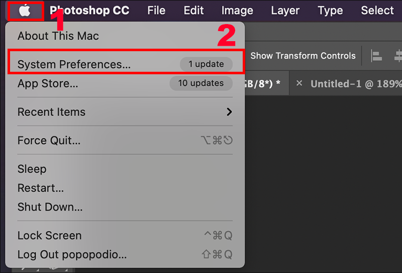 Bước 1: Ấn vào biểu tượng Apple trên thanh Menu > Chọ System Preferences (Tùy chỉnh hệ thống).