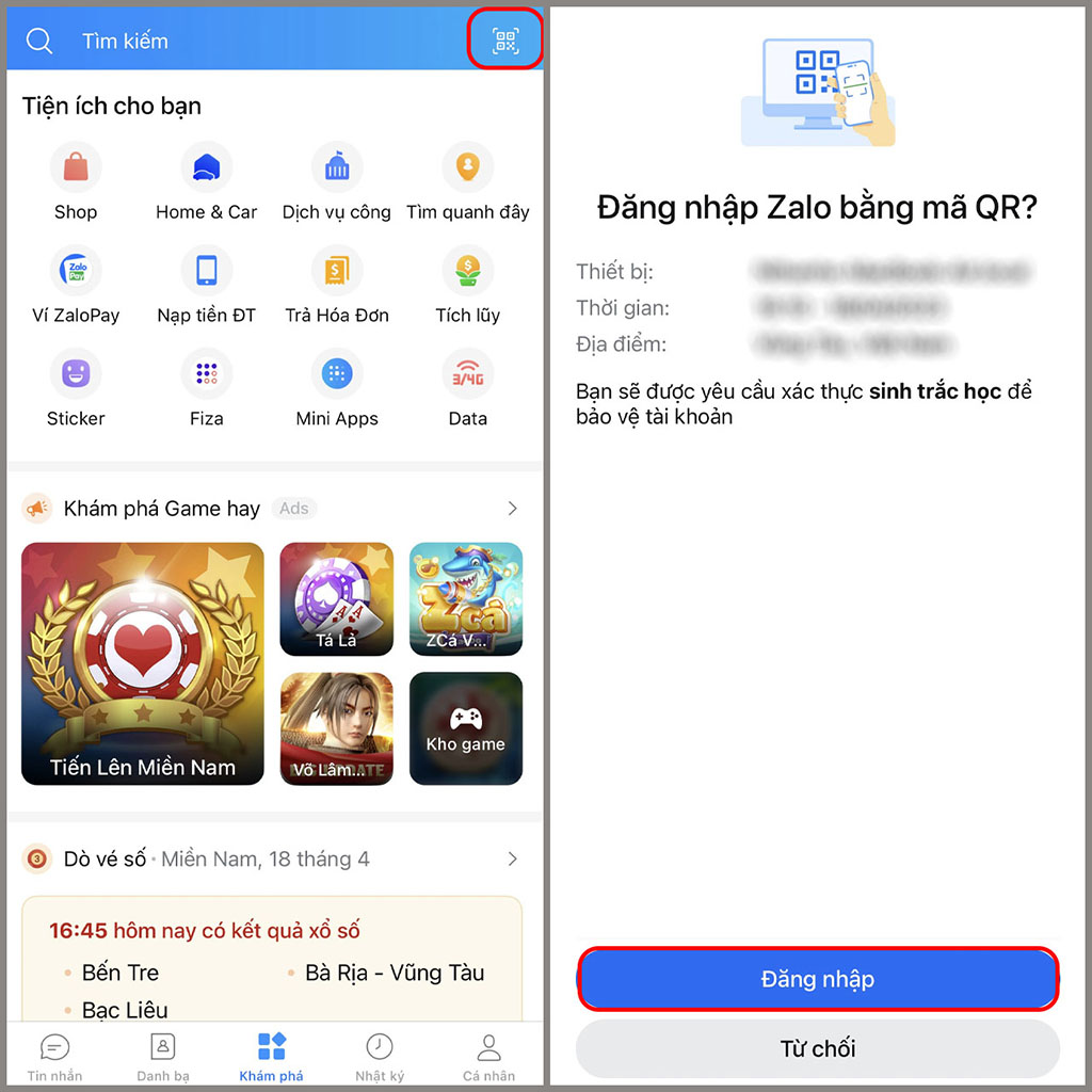 Quét mã QR tại biểu tượng phía trên góc bên phải