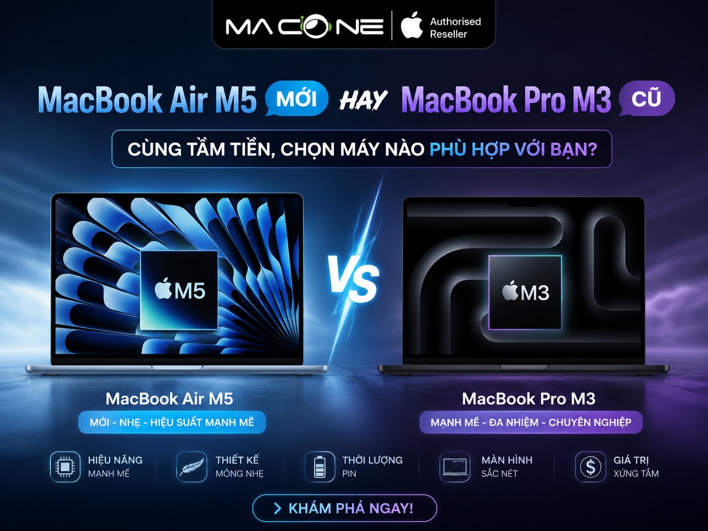 MacBook Air M5 mới hay MacBook Pro M3 cũ: cùng tầm tiền, chọn máy nào phù hợp với bạn?